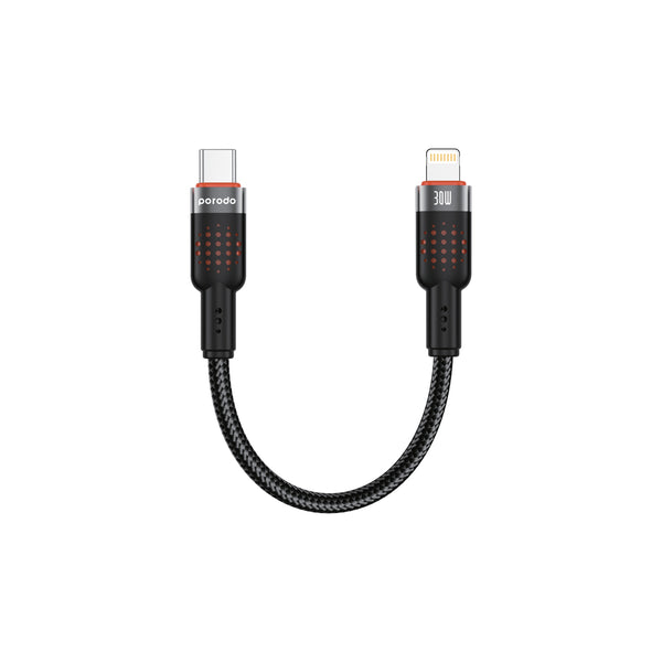 Porodo Alum Alloy Braided Cable Type-C to Lightning 30W 25cm Black - كيبل تايب سي ايفون 30 واط 25 سم من بورودو اسود