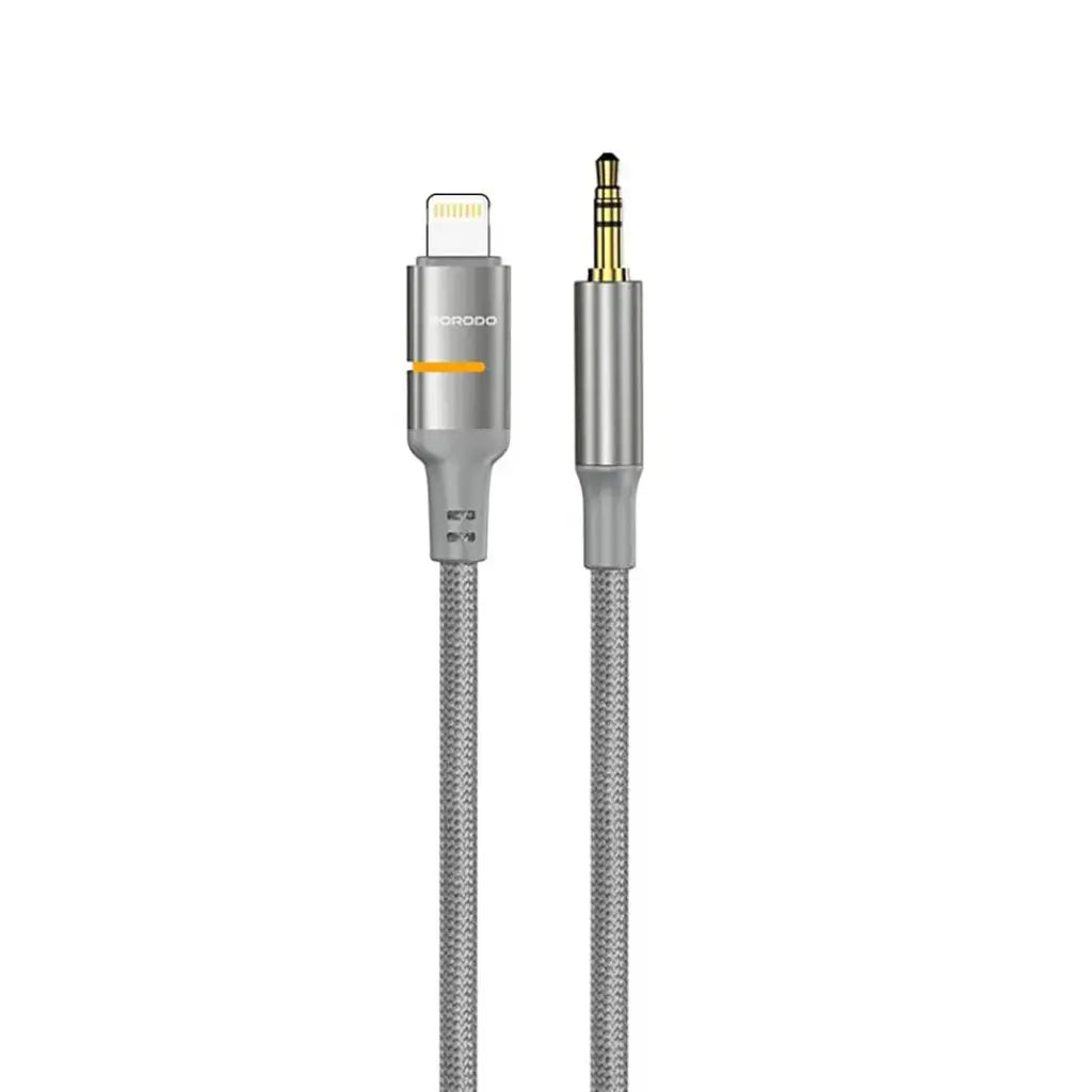 Porodo USB2.0 Lightning to 3.5mm Braided Audio Cable 1.2M Grey - كيبل اوكس تو ايفون مضفر بطول 1.2 متر من بورودو رمادي