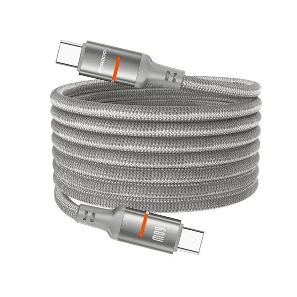Porodo 60W Type-C to Type-C Magnetic Braided Cable 1.2M Grey - كيبل مغناطيسي مضفر تايب سي ايفون 60 واط من بورودو رمادي