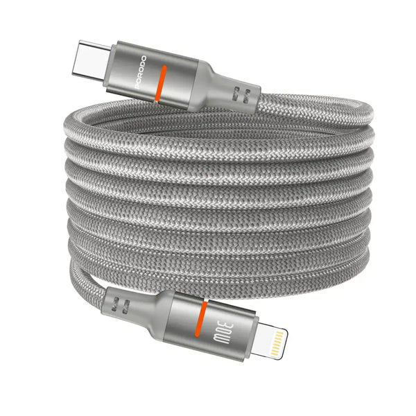 Porodo 30W Type-C to Lightning Magnetic Braided Cable 1.2M Grey - كيبل مغناطيسي مضفر تايب سي ايفون 30 واط 1.2 متر من بورودو رمادي