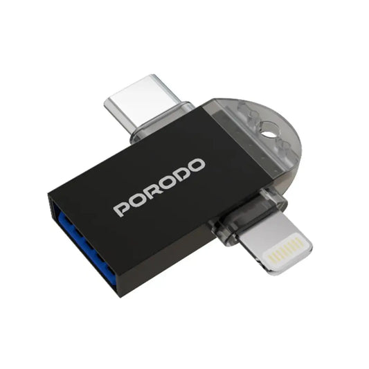 Porodo 3-in-1 Memory Card Reader Black - قارئ بطاقات 3 في 1 من بورودو اسود
