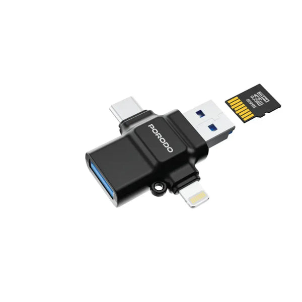 Porodo 4-in-1 Memory Card Reader Black - قارئ بطاقات الذاكرة 4 في 1 من بورودو اسود