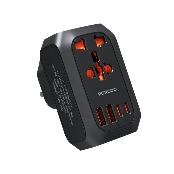 Porodo 2500W UK Pin Travel Adapter Black - شاحن السفر العالمي 2500 واط من بورودو اسود
