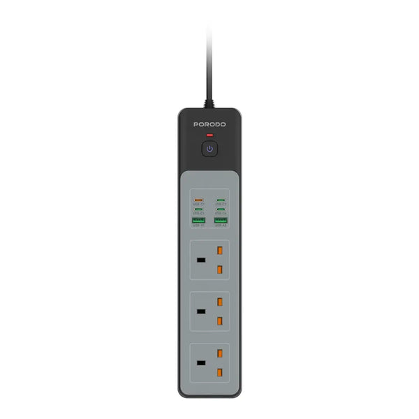 Porodo 3000W 3AC Power Socket with USB A x2 USB C x4 UK 3M Wire Black - سيار كهربائي 3000 واط مع 3 مقابس AC و 4 منافذ USB-C ومنفذين USB-  A و كابل 3 أمتار من بورودو