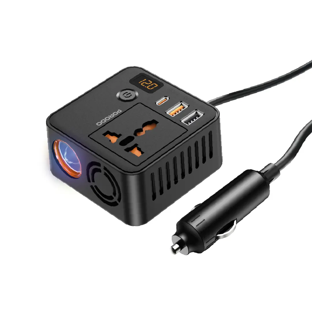 Porodo 200W QC3.0 PD+USB UK Car Power Inverter 13cm Cable Black - شاحن سيارة 200 واط مع مقبس للطاقة من بورودو اسود