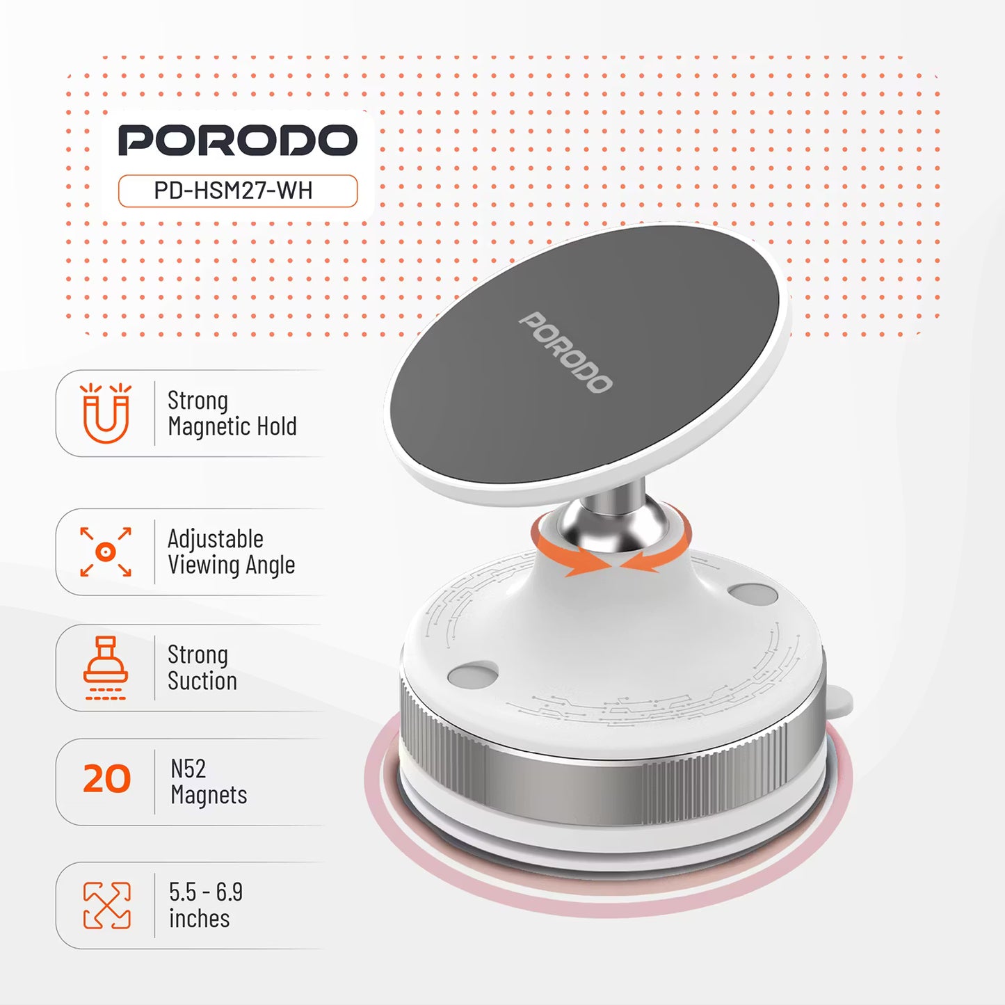 Porodo 360 Rotatable Adjustable Magnetic Vacuum Suction Holder White - ستاند سيارة بالشفط المغناطيسي قابل للتعديل دوار 360 من بورودو