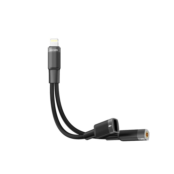 Porodo 2in1 Lightning to Lightning + 3.5 Jack Headphone and Charging Converter - كيبل لايتننغ 2 في 1 من بورودو