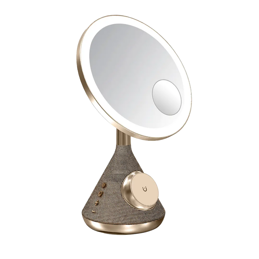 Porodo Lifestyle 15W Zoomed Mirror Magnetic Wireless Charger with Speaker & Adjustable Lamp Gold - شاحن لاسلكي مغناطيسي بمرآة تكبير بقوة 15 واط مع سبيكر ومصباح قابل للتعديل باللون الذهبي من بورودو