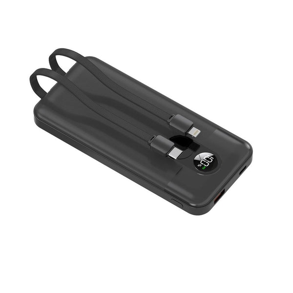Porodo 10000mAh  Powerbank 2xType-C, USB A and Type C and Digital Display with C & Lightning Cable Black - باوربنك 10000 ملي امبير مع كيبلان تايب سي ولايتننغ مدمجان من بورودو