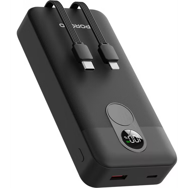 Porodo 20000mAh  Powerbank 2xType-C, USB A and Type C and Digital Display with C &  Lightning Cable Black - باوربنك 20000 ملي امبير مع كيبلان (تايب سي وايفون) مدمجان مع شاشة رقمية من بورودو اسود