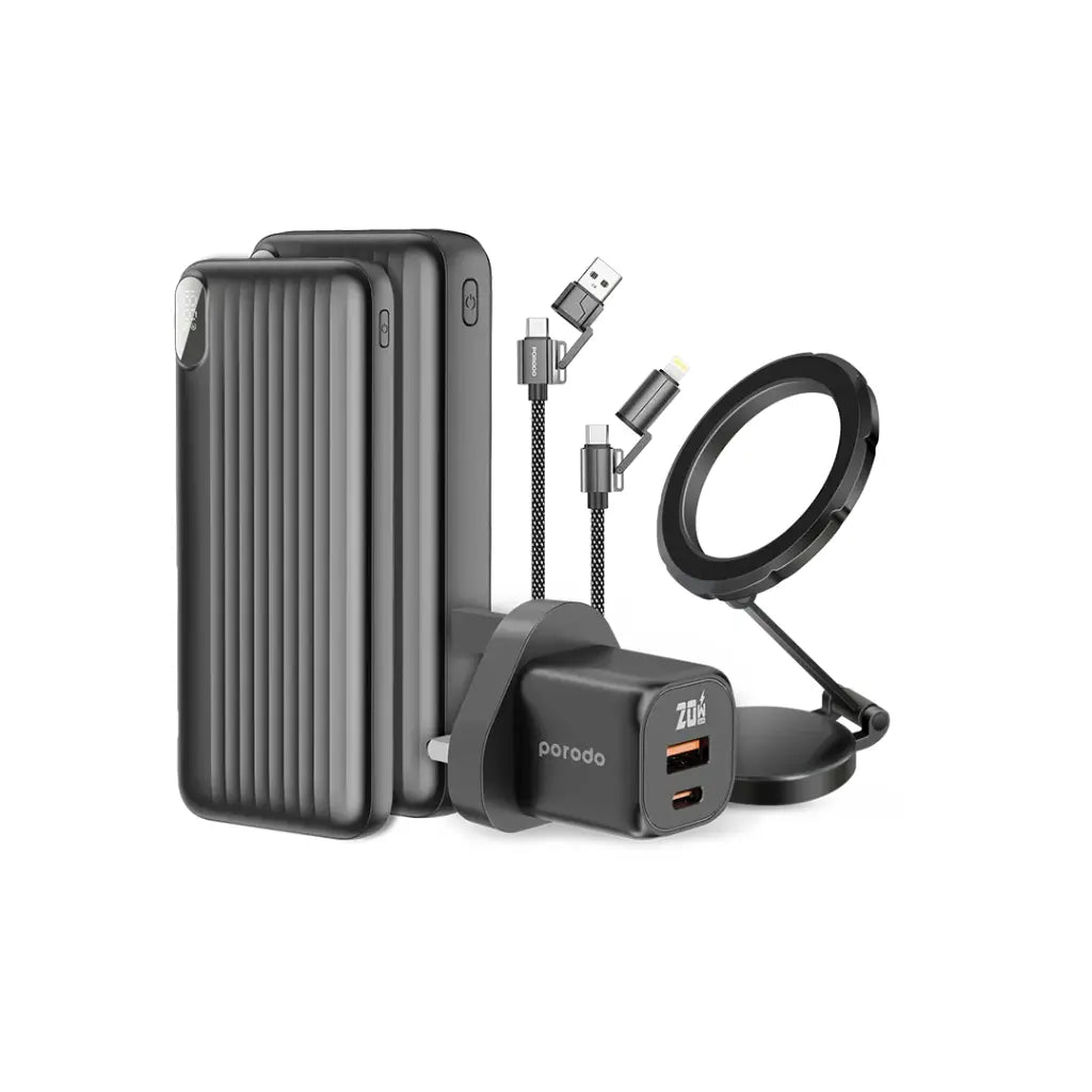 PORODO 5-IN-1 TRAVEL COMBO KIT 2 POWER BANKS, 4-IN-1 CABLE CHARGER MAGSAFE CAR - مجموعة السفر 5 في 1 (باوربنك عدد 2 , ستاند ماك سيف , كيبل 4 في 1 , وشاحن) من بورودو