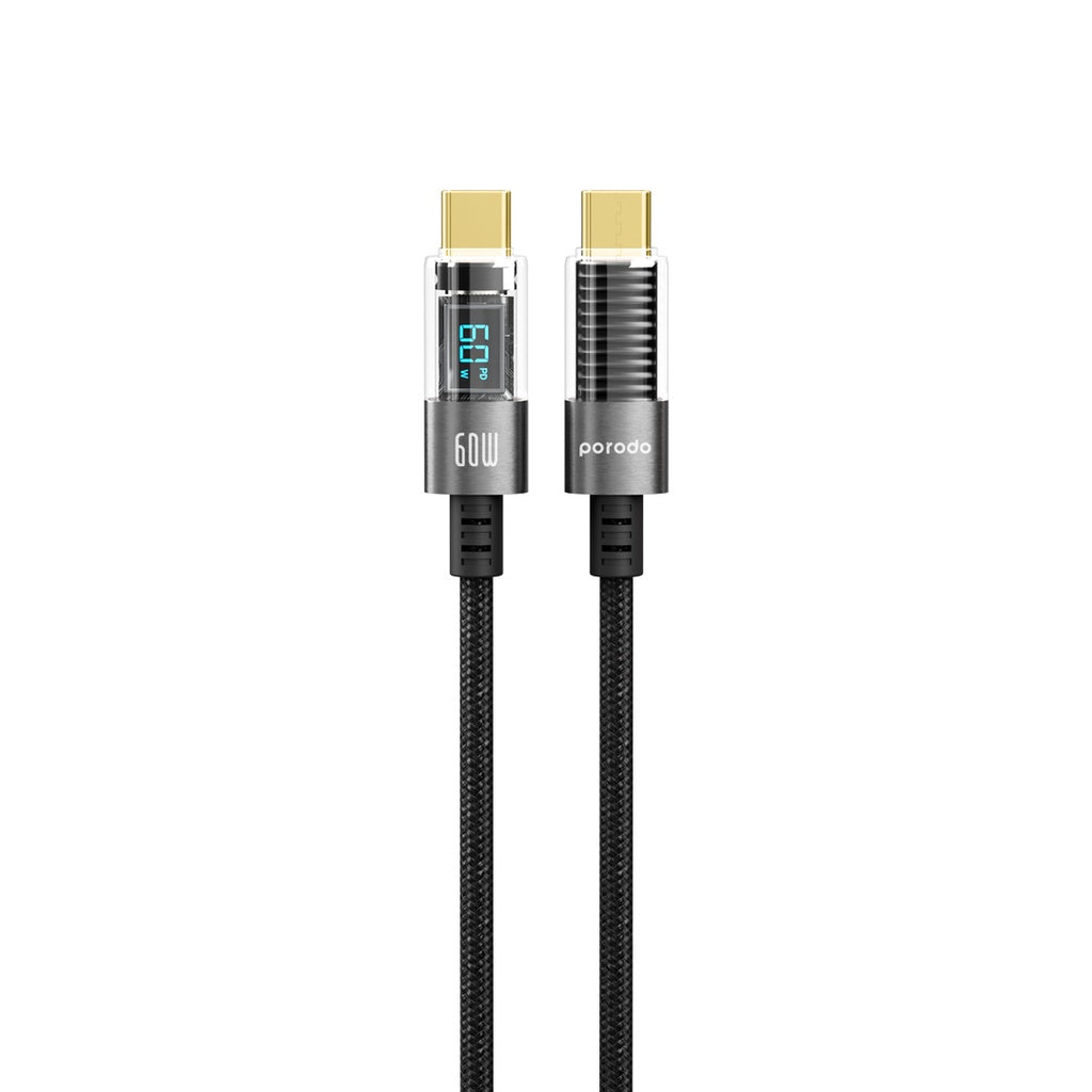 Porodo 60W Type-C to Type-C Braided Cable with PD Display 1.2M Black - كيبل تايب سي تايب سي 60 واط من بورودو