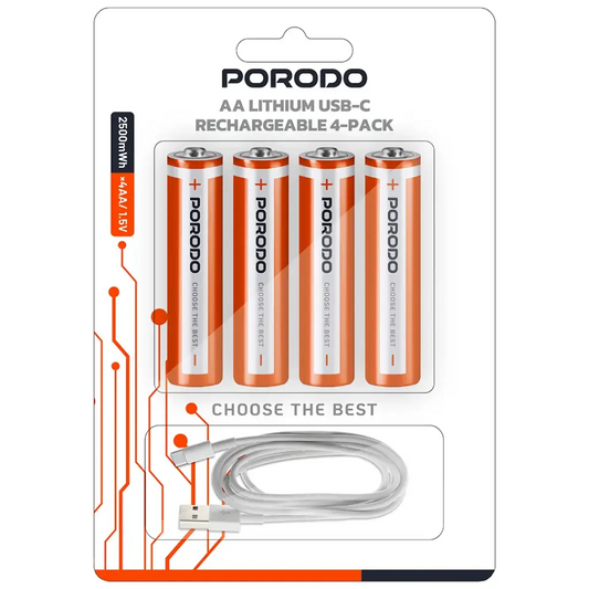 Porodo AA (4 Pcs) Rechargeable Lithium Battery 2500mwh With 4in1 Type C Charging Cable - بطاريات قلم ليثيوم قابلة لإعادة الشحن من بورودو عدد 4