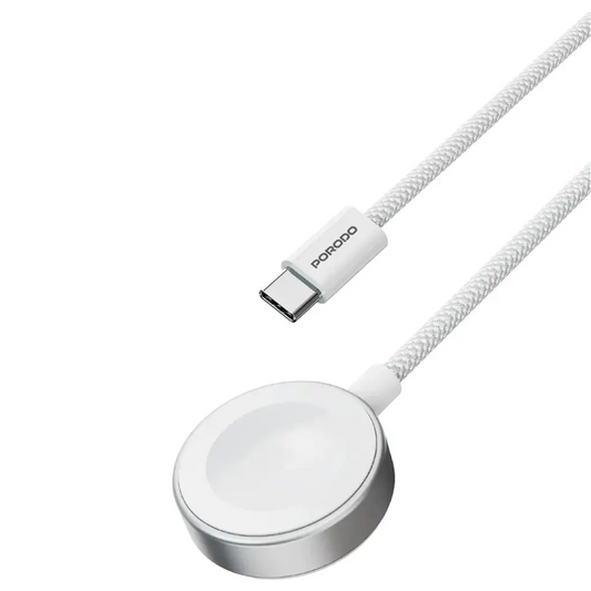 Porodo USB-C To Watch Cotton Braided + ABS (Support Samsung & Apple Watch) White - شاحن ساعات ذكي مضفر قطن ومغناطيسي متوافق مع ساعات ابل واندرويد من بورودو لون ابيض