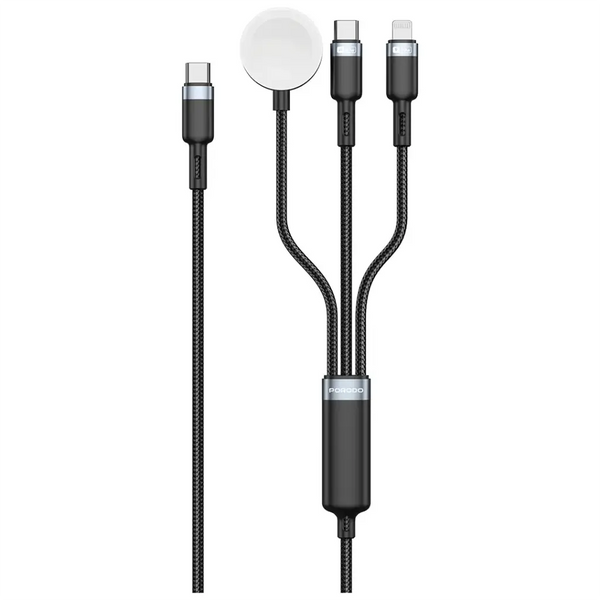 Porodo 60W C to C+L+Watch Charger Black - كيبل تايب سي 3 في 1 60 واط من بورودو اسود