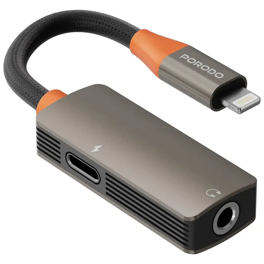 Porodo AudioLink Duo Lightning + 3.5MM Jack Audio And Charge Splitter Black Orange -توصالة لايتننغ اوديو لينك ديو وجاك صوت 3.5 مم للفصل بين الصوت والشحن من بورودو