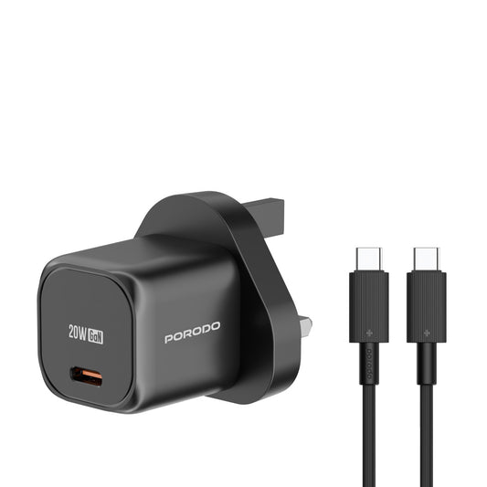 Porodo PD 20W UK Fast Charger with C to C Cable- Black - شاحن 20 واط مع كيبل تايب سي تايب سي من بورودو اسود