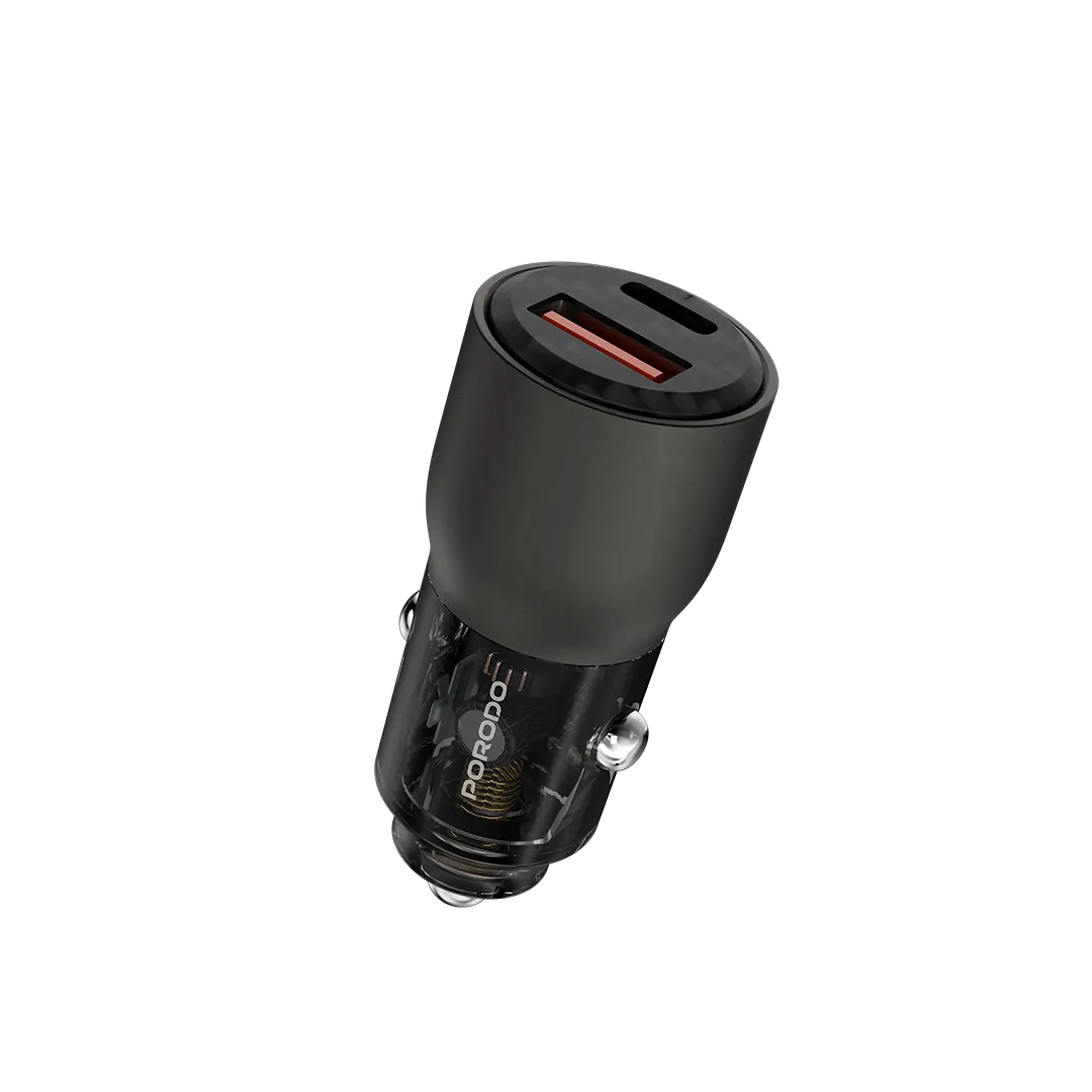Porodo 96W Transparent USB-A+C Port Car Charger Grey - شاحن سيارة 96 واط من بورودو رمادي