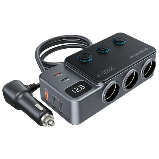 Porodo 120W Car Charger Hub Triple-Port Lighter Socket Dark Gray- شاحن سيارة بقوة 120 واط ثلاثي المنافذ مع مقبس ولاعة السجائر من بورودو رمادي غامق