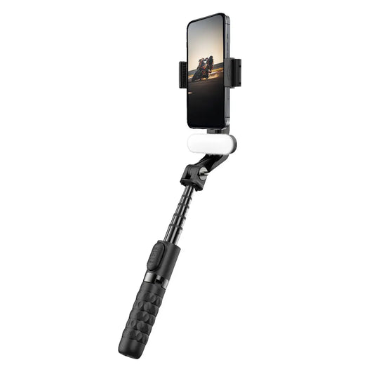 Porodo Gimbal Stabilizer Selfie Stick Tripod with Fill Light & Detachable Remote Black - عصا سيلفي مثبتة بحامل ثلاثي القوائم مع إضاءة تعبئة وجهاز تحكم عن بعد قابل للفصل من بورودو لون أسود