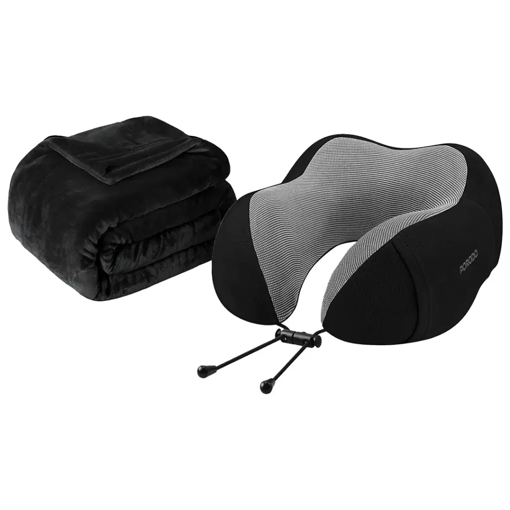 Porodo Lifestyle Travel Comfort Duo 2 in1 Travel Pillow and Blanket Kit Black - طقم وسادة وبطانية سفر من بورودو لون اسود