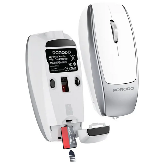Porodo Bluetooth Mouse with Card Reader+Type-C Charging - Silver- ماوس بلوتوث من بورودو مع قارئ بطاقات ودعم الشحن عبر Type-C – فضي