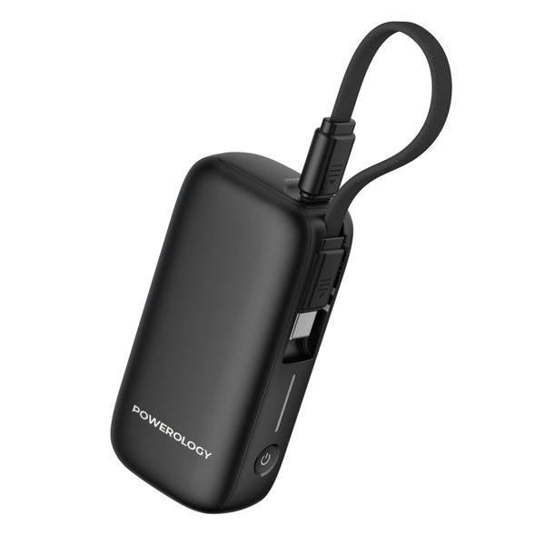 Powerology 5000mAh Power Bank Black - باوربنك 5000 ملي امبير 20 واط مع كيبل تايب سي مدمج من باورولوجي اسود