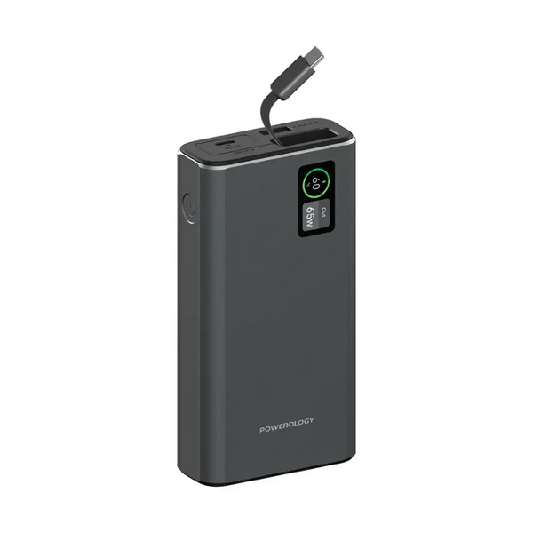 Powerology PD65W A+C Port Power Bank 20000mAh with Built-in Type C Cable Dark Grey - باوربنك 20000 ملي امبير 65 واط مع كيبل تايب سي مدمج من باورولوجي