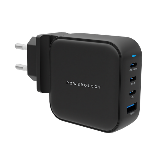 Powerology 3- Port 100W GaN Charger with PD UK Black - شاحن 100 واط من باورولوجي