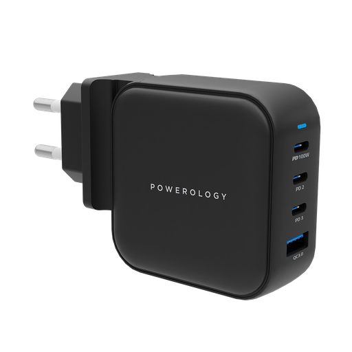 Powerology 3- Port 100W GaN Charger with PD UK Black - شاحن 100 واط من باورولوجي