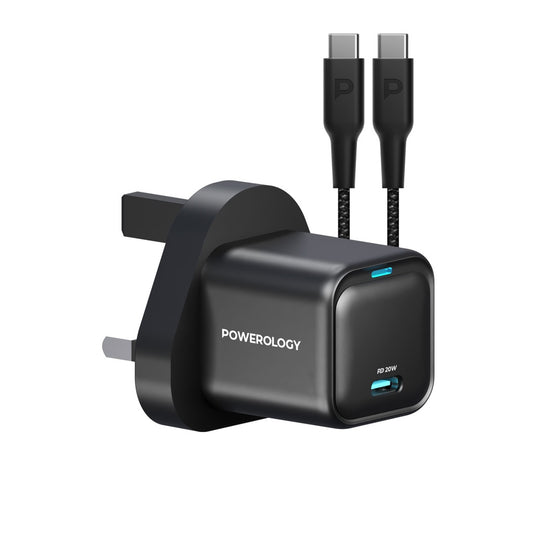 Powerology 20W Single C Port PD Charger UK with Type C to C 60W cable Black - شاحن تايب سي 20 واط مع كيبل تايب سي تايب سي 60 واط من باورولوجي اسود