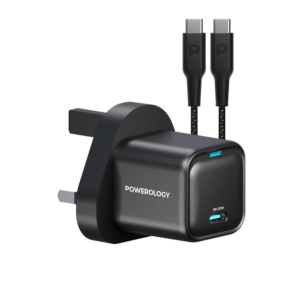 Powerology 20W Single C Port PD Charger UK with Type C to C 60W cable Black - شاحن تايب سي 20 واط مع كيبل تايب سي تايب سي 60 واط من باورولوجي اسود
