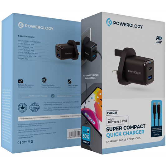 Powerology 35W PD QC 1xUSB-C 35W and 1xUSB-A 18W GaN Charger UK with USB-C TO Lightning Cable Black - شاحن تايب سي 35 واط مع كيبل تايب سي ايفون من باورولوجي اسود