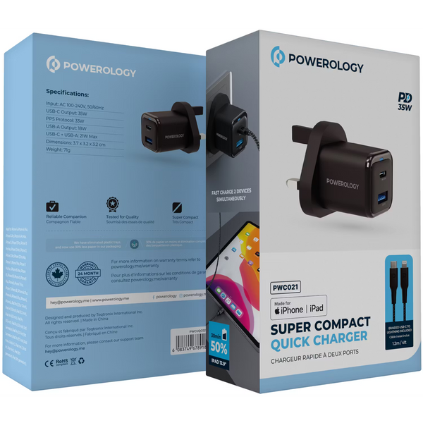 Powerology 35W PD QC 1xUSB-C 35W and 1xUSB-A 18W GaN Charger UK with USB-C TO Lightning Cable Black - شاحن تايب سي 35 واط مع كيبل تايب سي ايفون من باورولوجي اسود