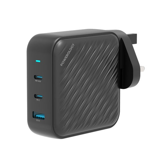 Powerology 140W PD QC 2xUSB-C and 1xUSB-A GaN Charger UK - شاحن 140 واط ثلاثي المنافذ من باورولوجي