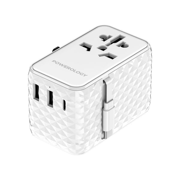 Powerology Universal Adapter  PD 20W Type C port and 2XUSB A 15W port with Attached White - شاحن سفر عالمي 20 واط مع كيبل تايب سي مدمج قابل للسحب من باورولوجي ابيض