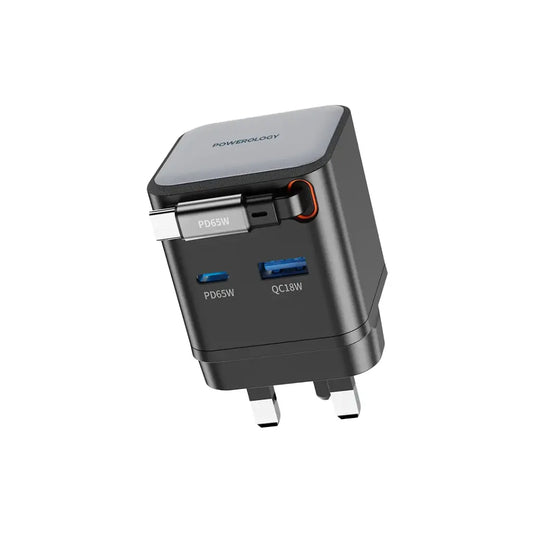 Powerology GAN PD65W Dual-Port Charger + Cable Charger with Retractable Cable Black - شاحن 65 واط مع كيبل تايب سي مدمج قابل للسحب 75 سم من باورولوجي
