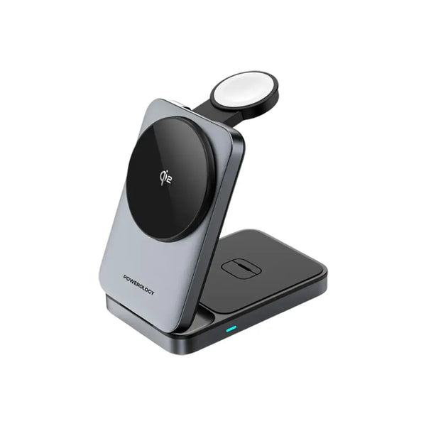 Powerology 3-in-1 Foldable Magnetic Wireless Charging Bracket Black - شاحن لاسلكي مغناطيسي قابل للطي 3 في 1 من باورولوجي