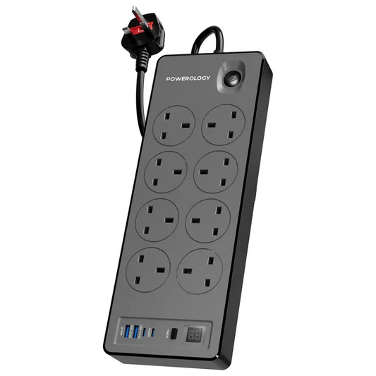 Powerology Timing  control USB 8 Socket Timing  control USB 200 -250V BLACK - سيار كهربائي ذكي مع منافذ USB وشحن سريع بميزة التوقيت من باورولوجي اسود