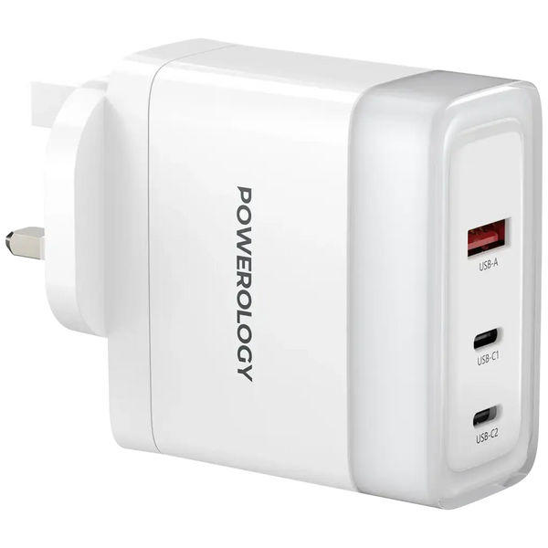 Powerology 3-Port Fast Charging Adapter White - شاحن 100 واط بثلاث منافذ من باورولوجي ابيض