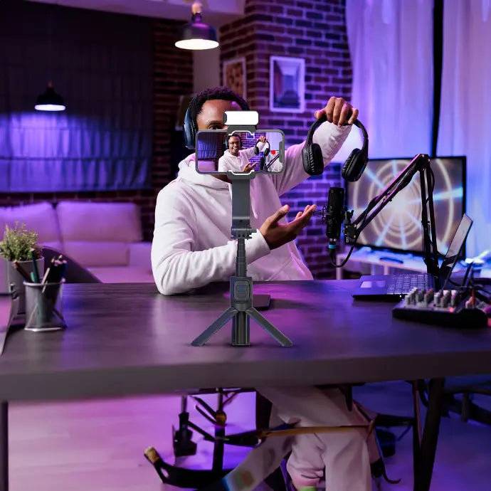 Porodo Anti-Shake Gimbal with rotatable central control Black - مثبت الهاتف والكاميرا للتصوير المضاد للاهتزاز مع تحكم مركزي قابل للدوران من بورودو