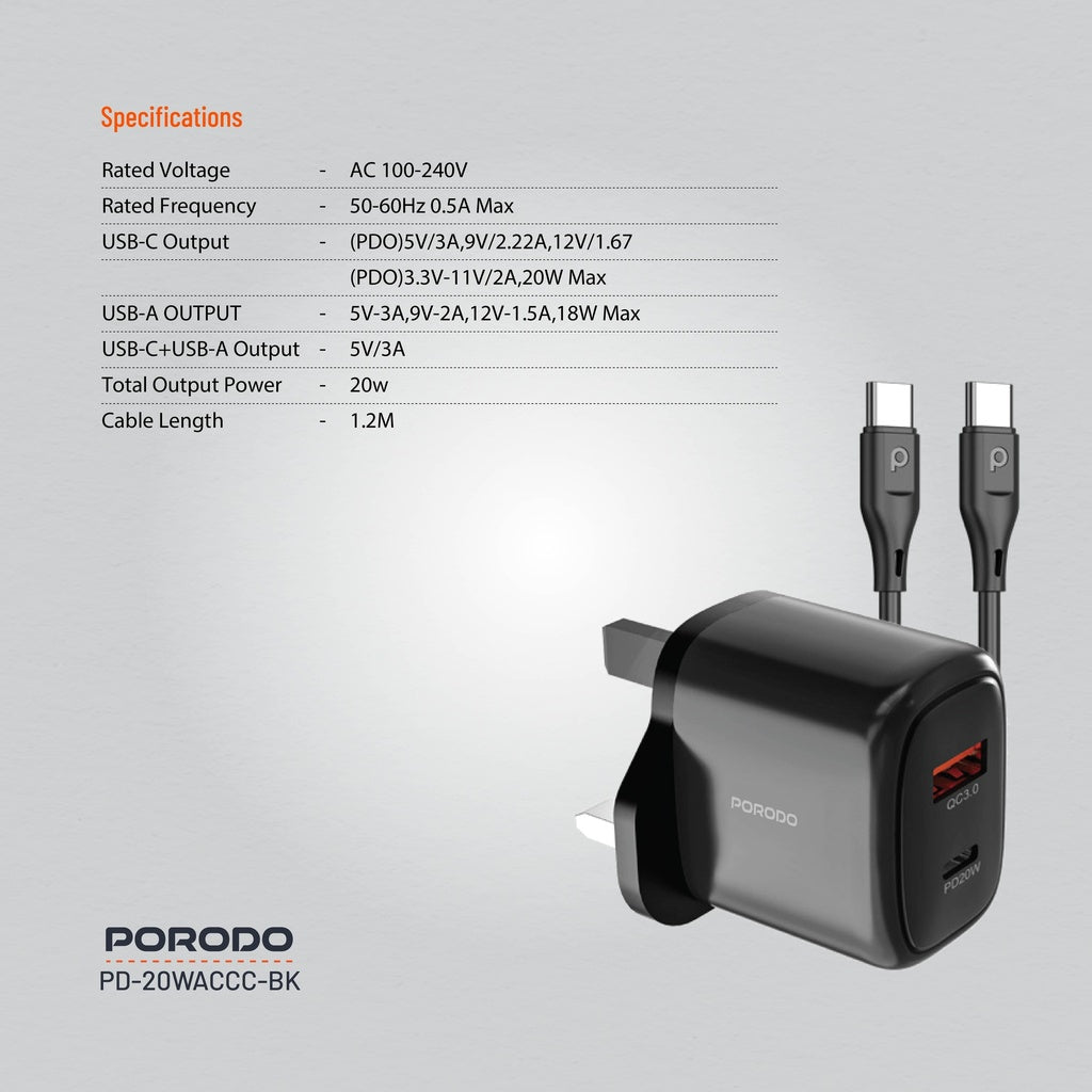 Porodo 20W+QC USB A+C Charger UK with C-C 1.2M Cable - شاحن 20 واط مع كيبل تايب سي تايب سي من بورودو
