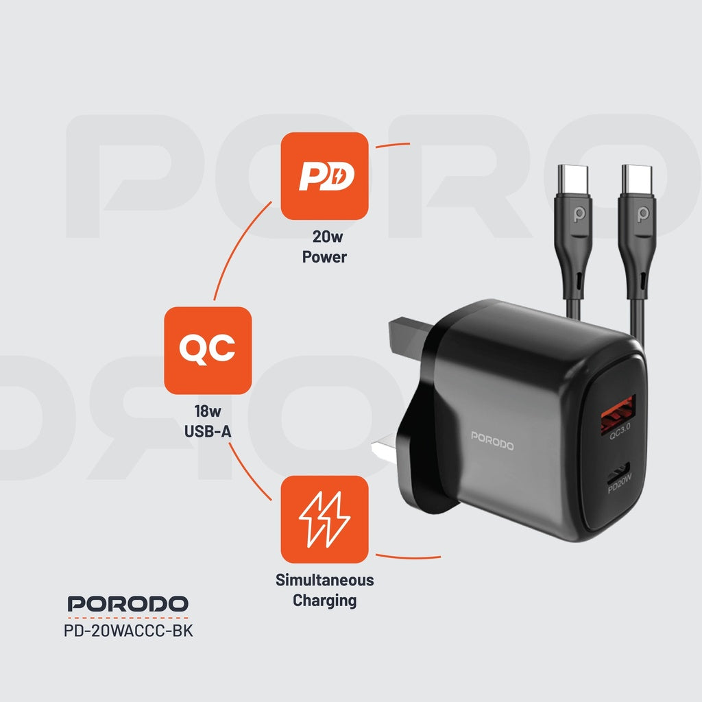 Porodo 20W+QC USB A+C Charger UK with C-C 1.2M Cable - شاحن 20 واط مع كيبل تايب سي تايب سي من بورودو