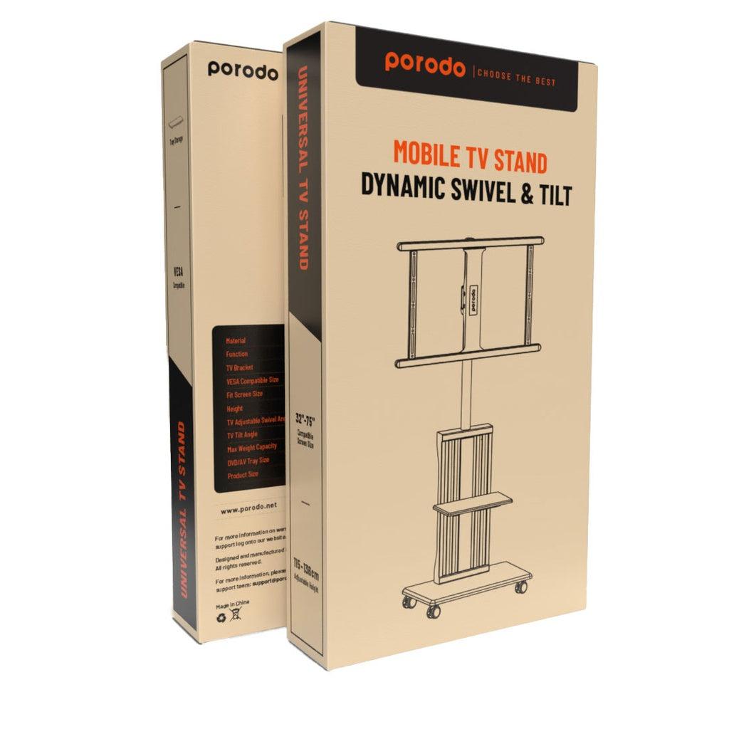 Porodo 32″-75″ TV Floor Stand With Wheels Black– ستاند تلفزيون ارضي بعجلات مقاس 32 بوصة - 75 بوصة من بورودو