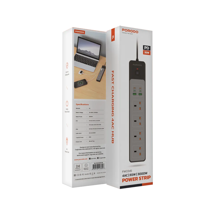 Porodo 4 AC Power Socket with USB A x2 USB C x4 UK 3M Wire Black - سيار ...