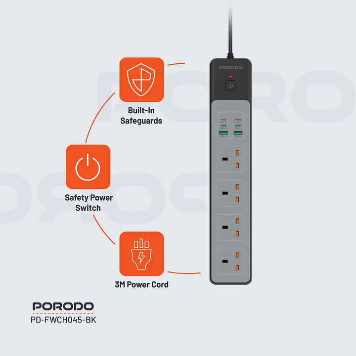 Porodo 4 AC Power Socket with USB A x2 USB C x4 UK 3M Wire Black - سيار ...