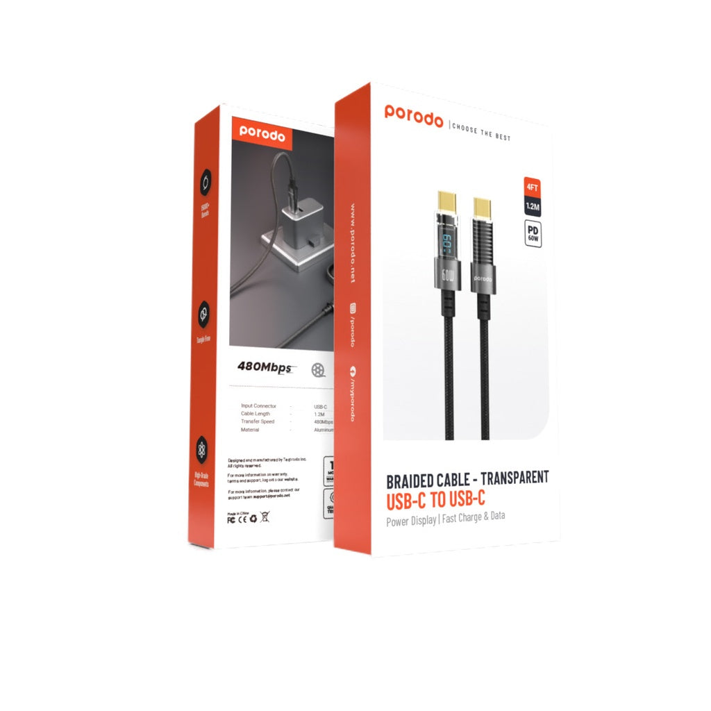 Porodo 60W Type-C to Type-C Braided Cable with PD Display 1.2M Black - كيبل تايب سي تايب سي 60 واط من بورودو