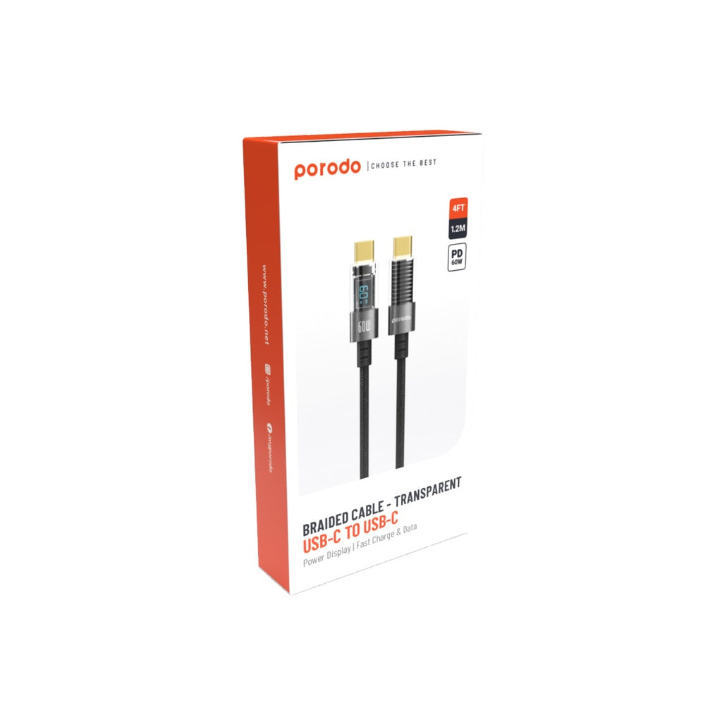 Porodo 60W Type-C to Type-C Braided Cable with PD Display 1.2M Black - كيبل تايب سي تايب سي 60 واط من بورودو