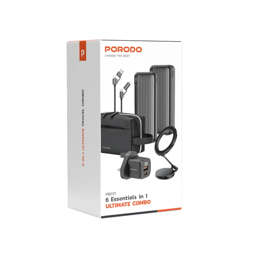 PORODO 5-IN-1 TRAVEL COMBO KIT 2 POWER BANKS, 4-IN-1 CABLE CHARGER MAGSAFE CAR - مجموعة السفر 5 في 1 (باوربنك عدد 2 , ستاند ماك سيف , كيبل 4 في 1 , وشاحن) من بورودو