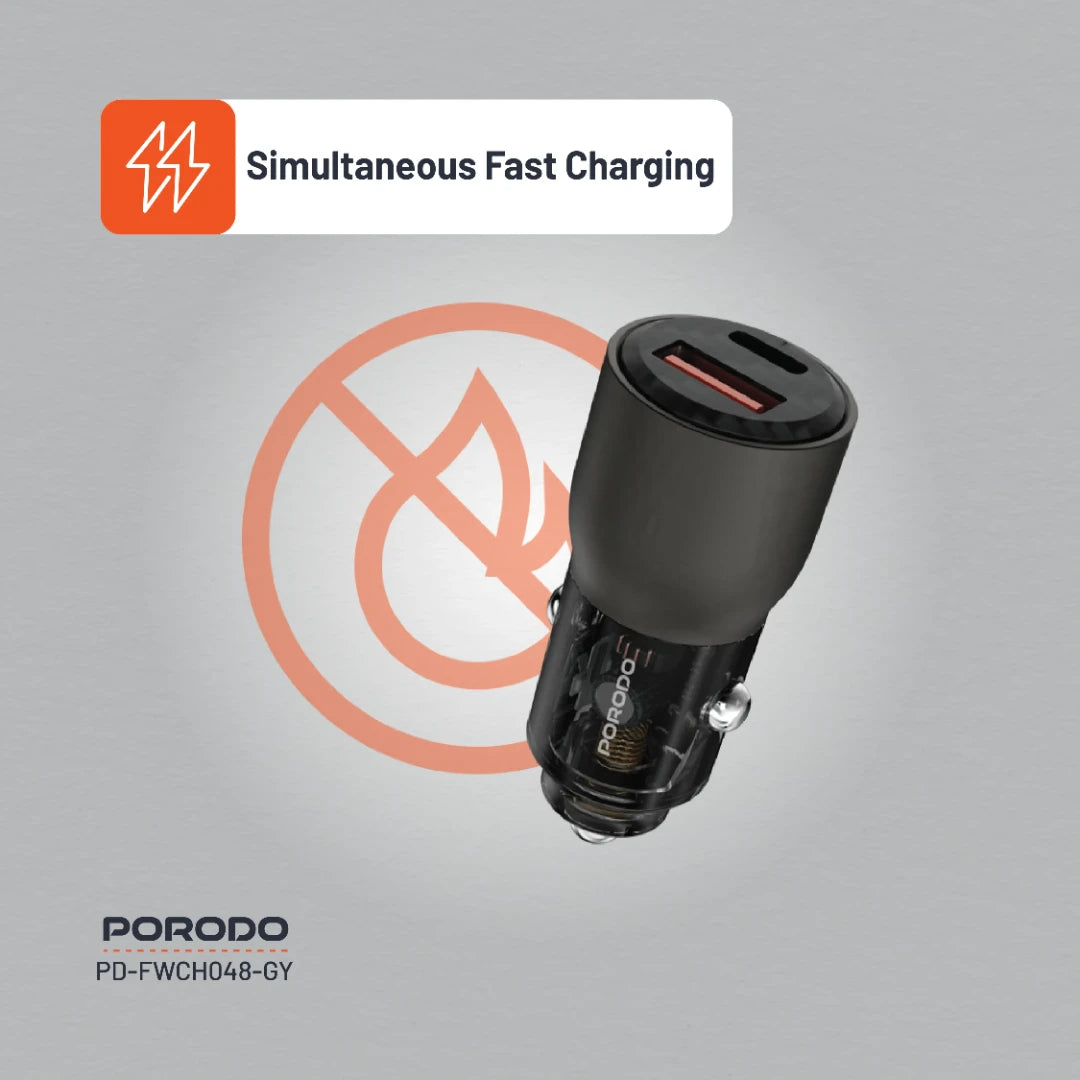 Porodo 96W Transparent USB-A+C Port Car Charger Grey - شاحن سيارة 96 واط من بورودو رمادي